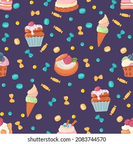 seamless patterns vector cakes and candies. Bright pattern of sweets for packaging paper and fabrics. Vector ornament for decoration of the holidays.