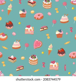 seamless patterns vector cakes and candies. Bright pattern of sweets for packaging paper and fabrics. Vector ornament for decoration of the holidays.