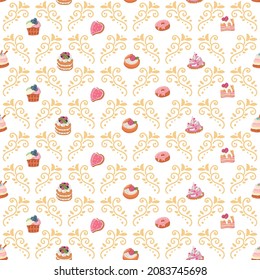 seamless patterns vector cakes and candies. Bright pattern of sweets for packaging paper and fabrics. Vector ornament for decoration of the holidays.
