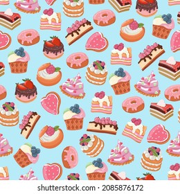 seamless patterns vector cakes and candies. Bright pattern of sweets for packaging paper and fabrics. Vector ornament for decoration of the holidays.