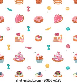 seamless patterns vector cakes and candies. Bright pattern of sweets for packaging paper and fabrics. Vector ornament for decoration of the holidays.