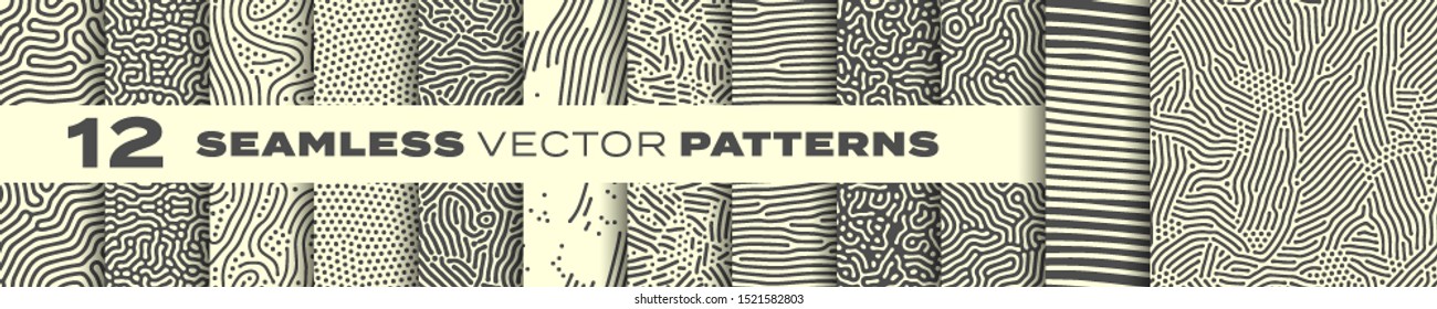 Seamless Patterns Vector Set, Abstract Organic Lines Backgrounds. Creative Design Biological Patterns With Memphis Dots And Irregular Squiggle Line Shape Texture