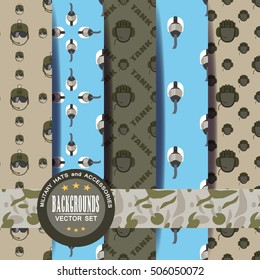 Seamless patterns vector set of military helmets with shadow, label and stripe.