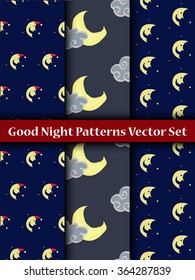 Seamless patterns vector set of moon, clouds and stars.Good night patterns.