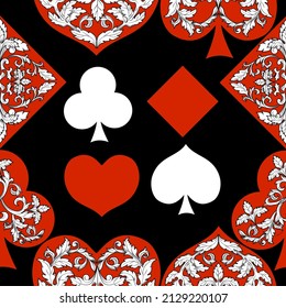 Seamless patterns. Vector suits for playing cards. Fashionable design for fabric, wallpaper, textile and decor, and back cover design for playing cards.
