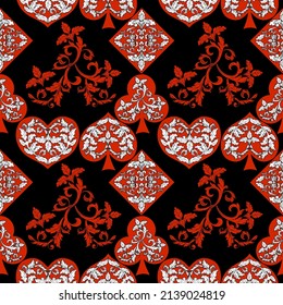 Seamless patterns. Vector suits for playing cards. Fashionable design for fabric, wallpaper, textile and decor, and back cover design for playing cards.