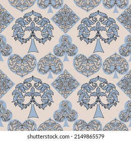 Seamless patterns. Vector suits for playing cards. Fashionable design for fabric, wallpaper, textile and decor, and back cover design for playing cards.
