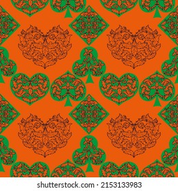 Seamless patterns. Vector suits for playing cards. Fashionable design for fabric, wallpaper, textile and decor, and back cover design for playing cards.