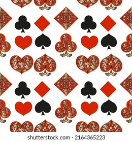 Seamless patterns. Vector suits for playing cards. Fashionable design for fabric, wallpaper, textile and decor, and back cover design for playing cards.