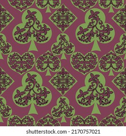 Seamless patterns. Vector suits for playing cards. Fashionable design for fabric, wallpaper, textile and decor, and back cover design for playing cards.