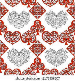 Seamless patterns. Vector suits for playing cards. Fashionable design for fabric, wallpaper, textile and decor, and back cover design for playing cards.