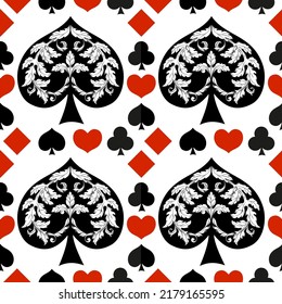 Seamless patterns. Vector suits for playing cards. Fashionable design for fabric, wallpaper, textile and decor, and back cover design for playing cards.