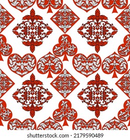 Seamless patterns. Vector suits for playing cards. Fashionable design for fabric, wallpaper, textile and decor, and back cover design for playing cards.