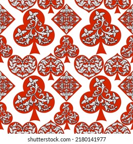 Seamless patterns. Vector suits for playing cards. Fashionable design for fabric, wallpaper, textile and decor, and back cover design for playing cards.