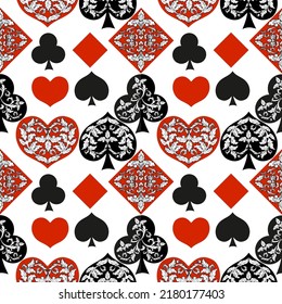 Seamless patterns. Vector suits for playing cards. Fashionable design for fabric, wallpaper, textile and decor, and back cover design for playing cards.