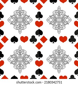 Seamless patterns. Vector suits for playing cards. Fashionable design for fabric, wallpaper, textile and decor, and back cover design for playing cards.