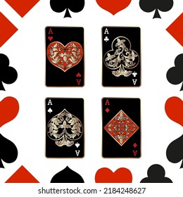 Seamless patterns. Vector suits for playing cards. Fashionable design for fabric, wallpaper, textile and decor, and back cover design for playing cards.
