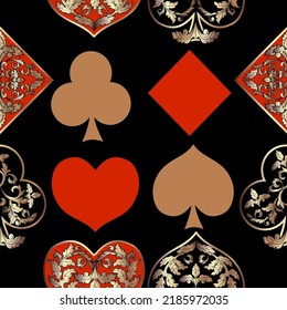 Seamless patterns. Vector suits for playing cards. Fashionable design for fabric, wallpaper, textile and decor, and back cover design for playing cards.
