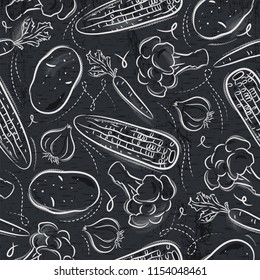 Seamless Patterns with vegetable.Grunge blackboard with  broccoli, corn and potato.Ideal for printing onto fabric and paper or scrap booking.