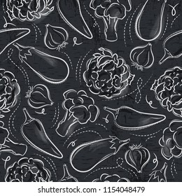 Seamless Patterns with vegetable.
Grunge blackboard with  pepper, eggplant, cauliflower and broccoli.
Ideal for printing onto fabric and paper or scrap booking.