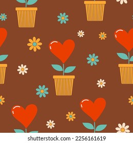 Patrones sin foco con flores de groovy vintage y corazones en una maceta de flores. Colores retro.