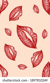 Seamless patterns. Voluminous lips painted with red and white acrylic paints on a light background. Trendy design for fabrics, textiles, wrapping paper. Vector.