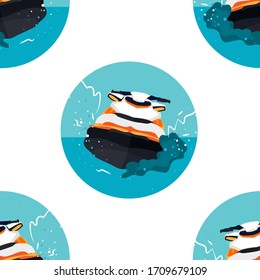Seamless patterns water scooter in blue circle. Stock vector illustration isolated on blue background. Summer rest. Sea vacation.Flat design for fabric, textile and ets.