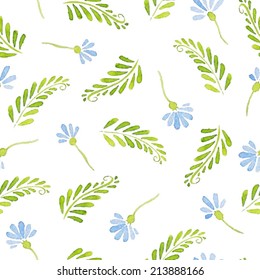 Seamless Patterns with  watercolor cornflowers and leaves