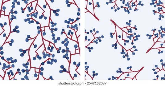 Seamless patterns of watercolor drawings red twigs with blue berries, vector backgrounds, textile, paper, fabric