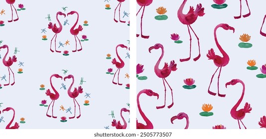 Seamless patterns of watercolor drawings tropical cartoon pink flamingos, flying dragonflies and water lilies, vector hand drawn backgrounds, wallpaper, paper, textile