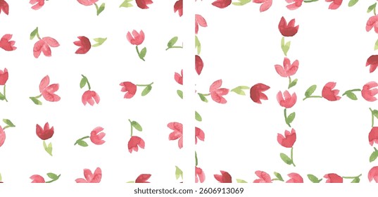 Seamless patterns of watercolor hand drawn abstract red tulip flowers, vector backgrounds, paper, textile, wallpaper, fabric