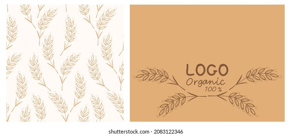 Seamless Patterns With Wheat Plant On Cream Background. Wheat Logo On Brown Vector Illustration.