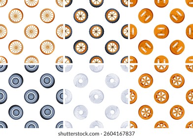 Seamless patterns with wheels, tires and shields showing different materials and colors