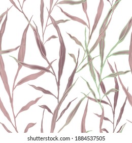 Seamless patterns. White background. Natural oblong monochromatic leaves and twigs. Soft pink tones. Vector illustration.