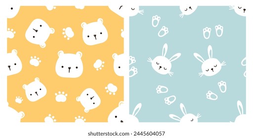 Seamless patterns with white bear, rabbit and paw print on yellow and blue mint backgrounds vector. Cute childish print.  