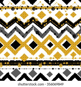 Seamless patterns with white, black, gold, zigzag lines and points, striped, gift boxes and dots.