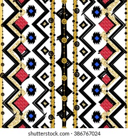 Seamless patterns with white, black, gold, zigzag lines and points, striped, gift boxes and dots.