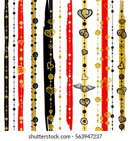 Seamless patterns with white black gold lines and heart shape striped, for valentines day