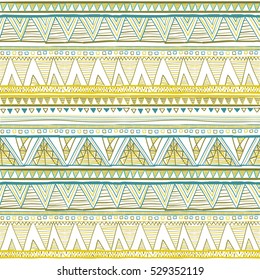 Seamless patterns with white, blue green, gold, zigzag lines and points, striped, gift boxes and dots. Ethnic yellow art vector