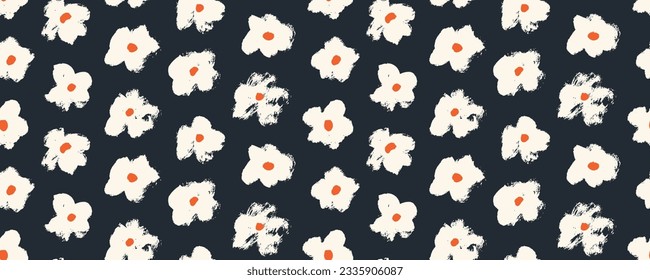 Seamless patterns with white chamomile flowers on dark background. Abstract organic floral background with spring chrysanthemums, chamomiles or poppies. Doodle style silhouette drawing.