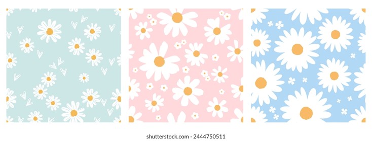 Seamless patterns with white daisy chamomile flower on green, pink and blue backgrounds vector. Cute floral print.