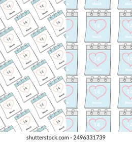 Seamless patterns with White Day date calendar pages March 14 and heart shaped stroke. Set of 2