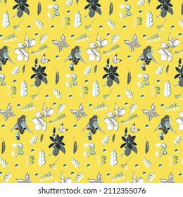 Seamless patterns with white flowers and blue birds on the yellow background.