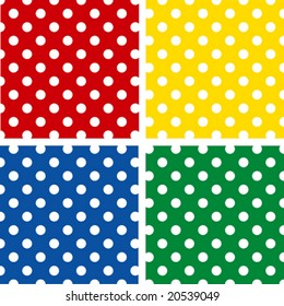 Seamless Patterns, White Polka Dots on red, yellow, blue, green backgrounds. EPS8 includes four pattern swatches  (tiles) that  will seamlessly fill any shape.