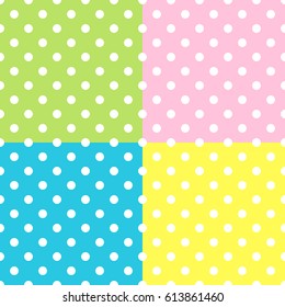 Seamless Patterns, White Polka Dots on red, yellow, blue, green backgrounds. Vector illustration.