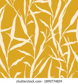 Seamless patterns. White stems of plants on a yellow background. Endless vector illustration for print, etc.