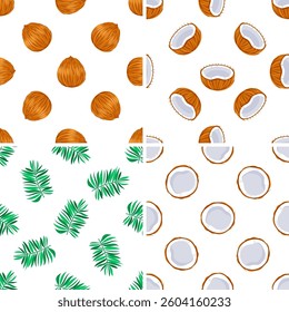 Seamless patterns with whole and halved coconuts and palm leaves on white background