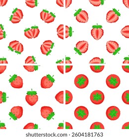 Seamless patterns with whole and halved strawberries creating a vibrant backdrop