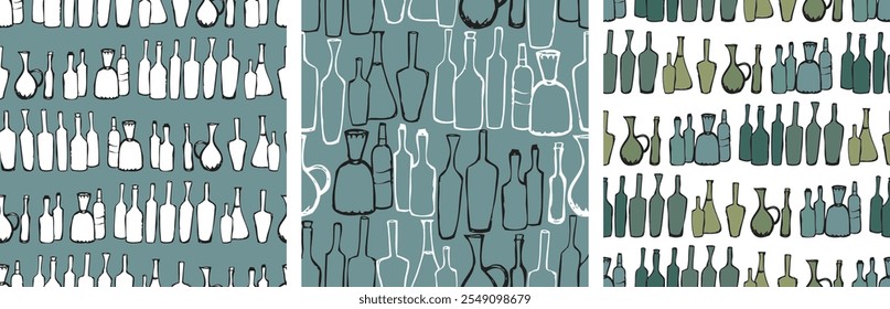 Seamless patterns of wine bottles collection, contour hand drawings, green silhouettes, vector backgrounds, wallpaper, paper