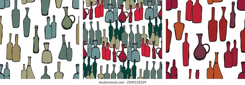 Seamless patterns of wine bottles collection, contour hand drawings, red green silhouettes, vector backgrounds, wallpaper, paper